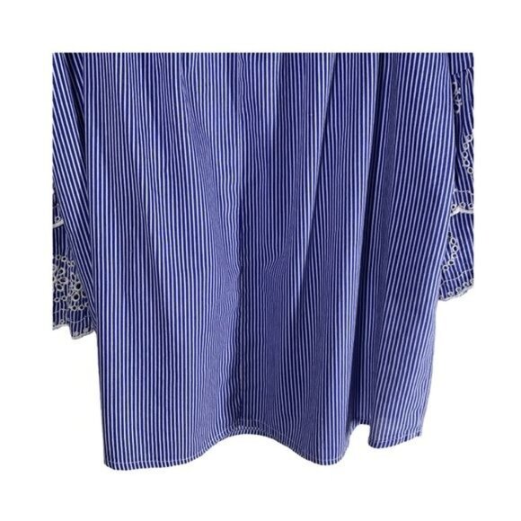 Rebellion Blue Striped Peasant Blouse Women’s Large Off Shoulder Bell Sleeve - Picture 7 of 9